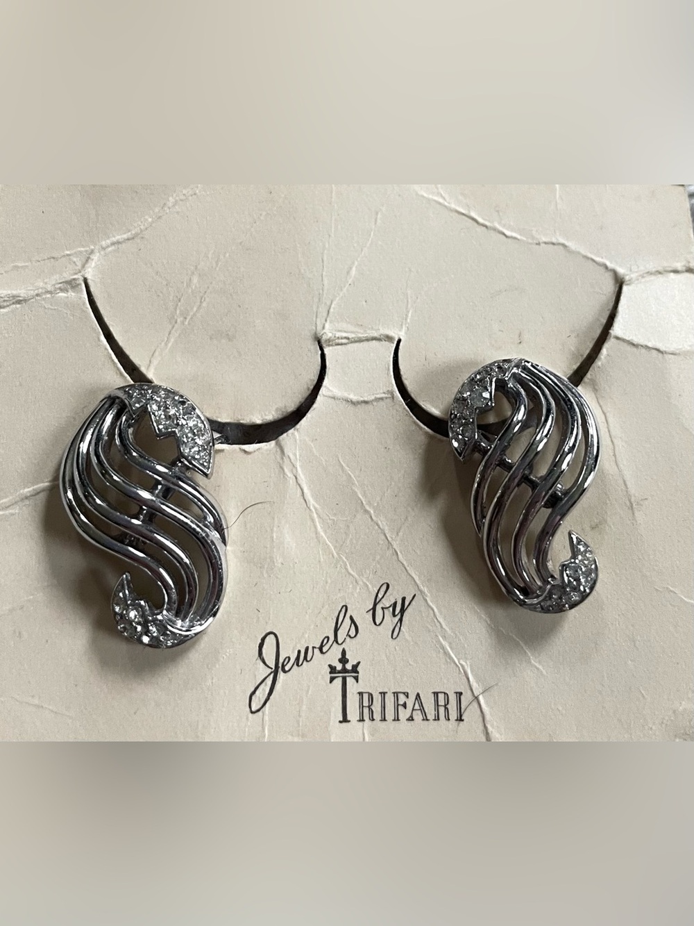Vintage Trifari Silver-Tone S-shaped Clip Earrings with Clear Stones